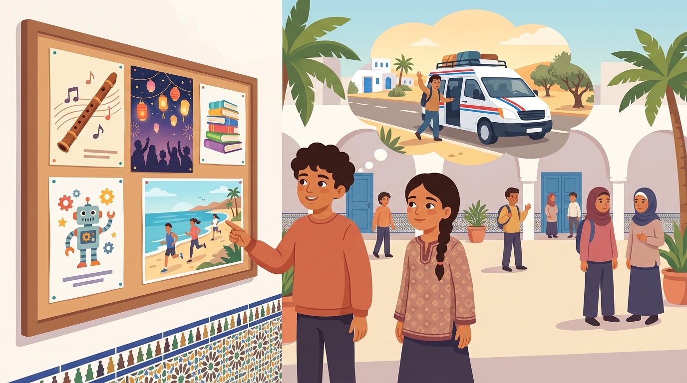 Leo et Nora devant le tableau des événements ; une bulle montre le cousin qui arrive en louage